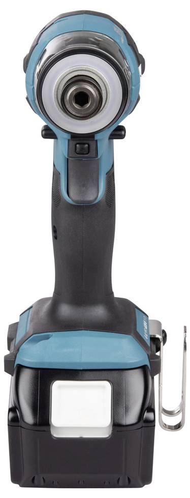 Ein kabelloses Akku-Bohrschrauber mit blau-schwarzem Design, von vorne betrachtet. Er verfügt über einen Akkupack und eine Metallgürtelhalterung an der Seite.