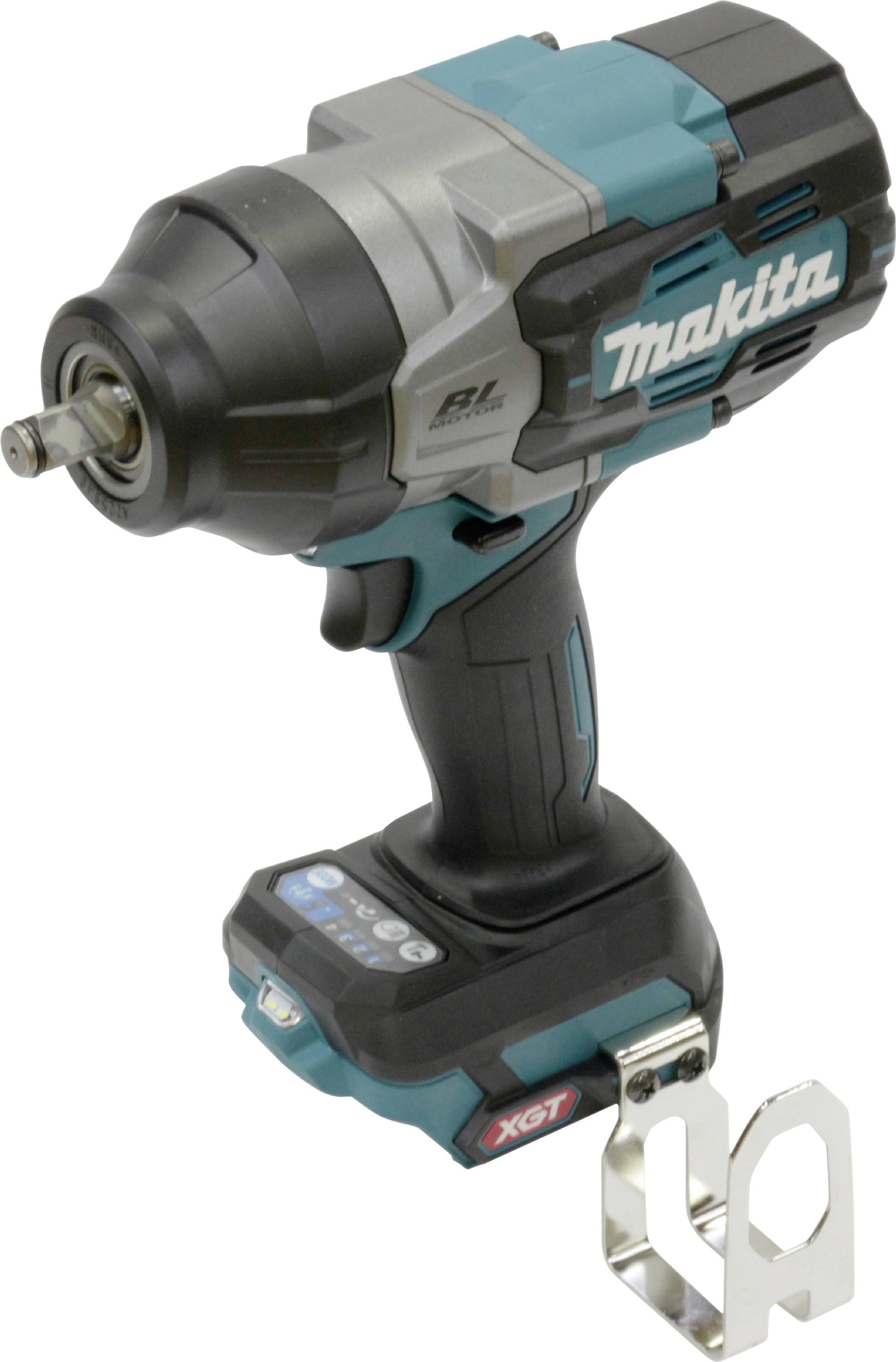Akkuschrauber von Makita, kabellos, mit ergonomischem Griff, silber-blaues Design und abnehmbarem Clip auf der Unterseite.