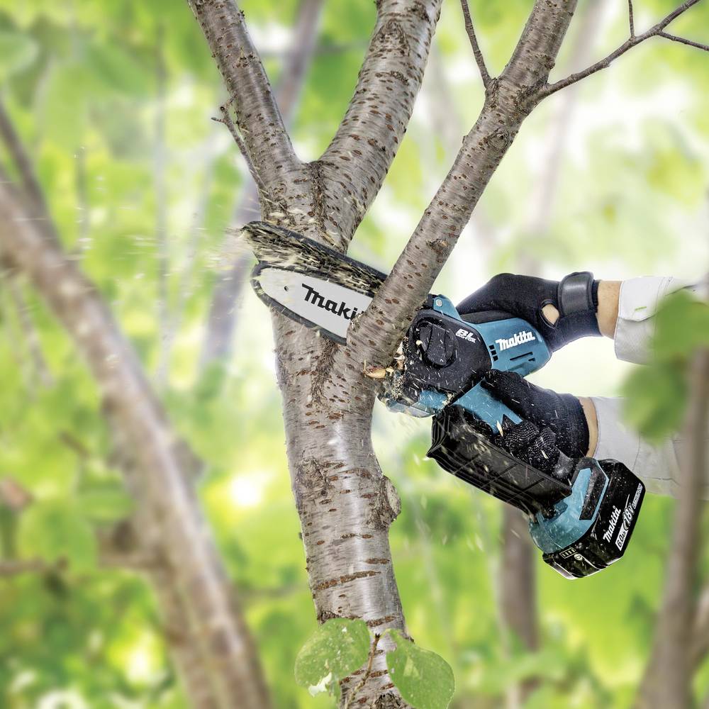 Eine Person verwendet eine kleine, handliche Kettensäge, um Äste von einem Baum zu beschneiden, was auf Außeninstandhaltung oder Gartenarbeit hindeutet.