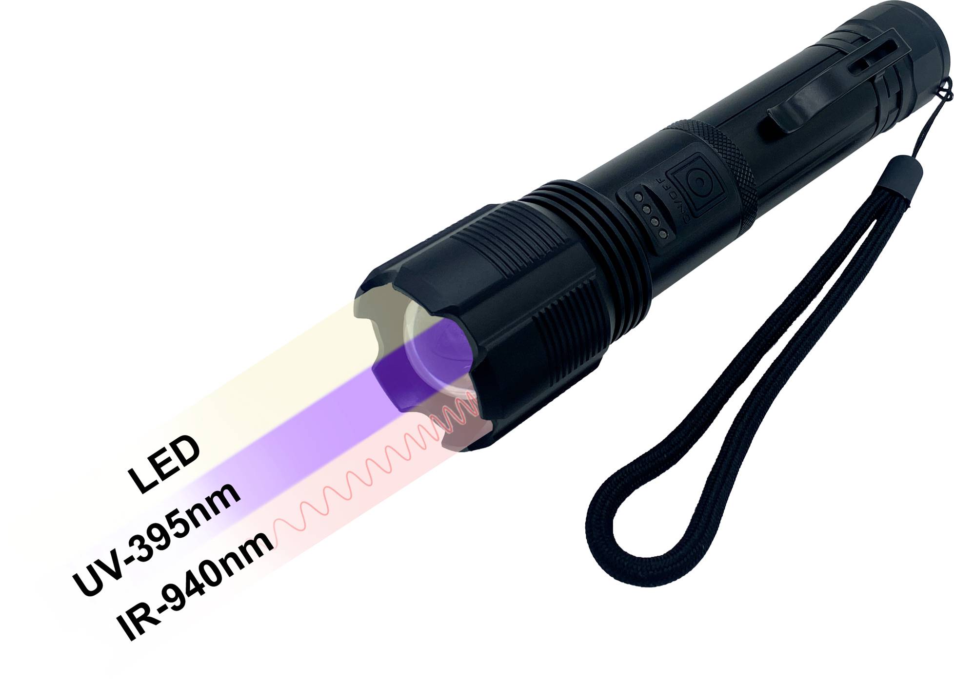 Taschenlampe strahlt drei Lichtarten aus: LED, UV-Licht mit 395 nm und Infrarotlicht mit 940 nm. Mit Halteschlaufe.