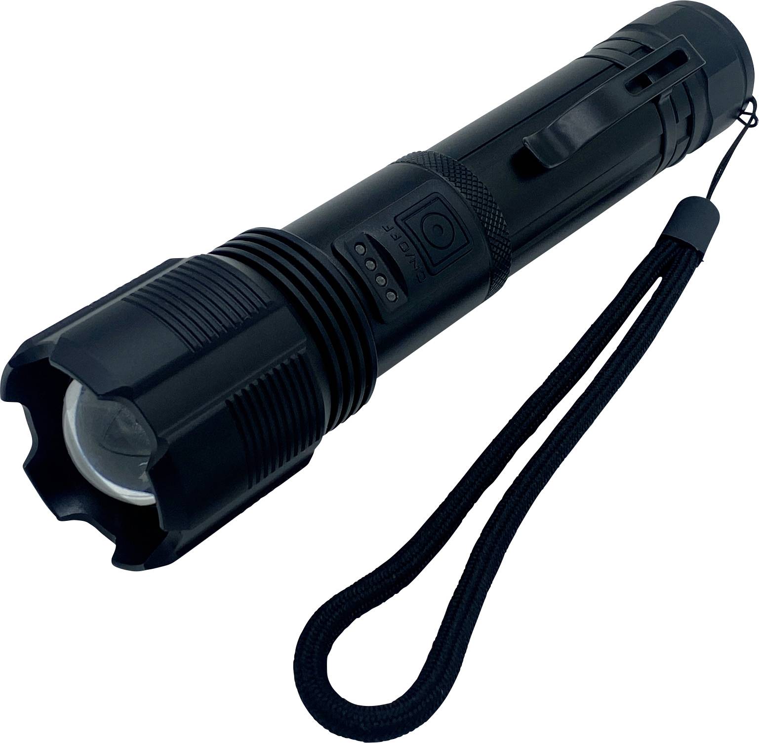Eine schwarze Taschenlampe mit Handschlaufe. Der zylindrische Körper hat Rillen für besseren Halt. Perfekt für Outdoor-Einsätze.