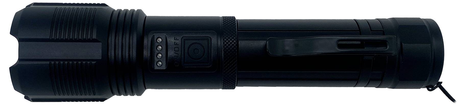 Eine schwarze Taschenlampe mit robustem Design und mehreren Tasten an der Seite. Sie hat einen Clip zur Befestigung.