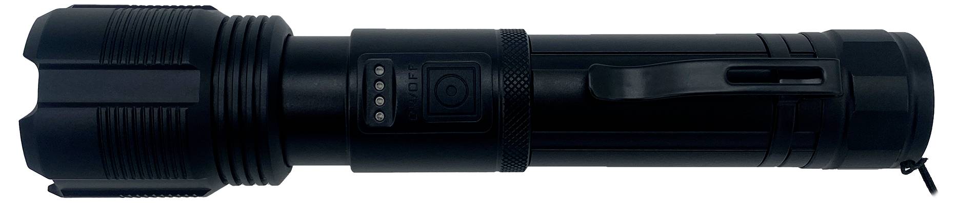 Schwarze Taschenlampe mit geripptem Griff, Clip und vier kleinen Lichtern auf dem Griff.
