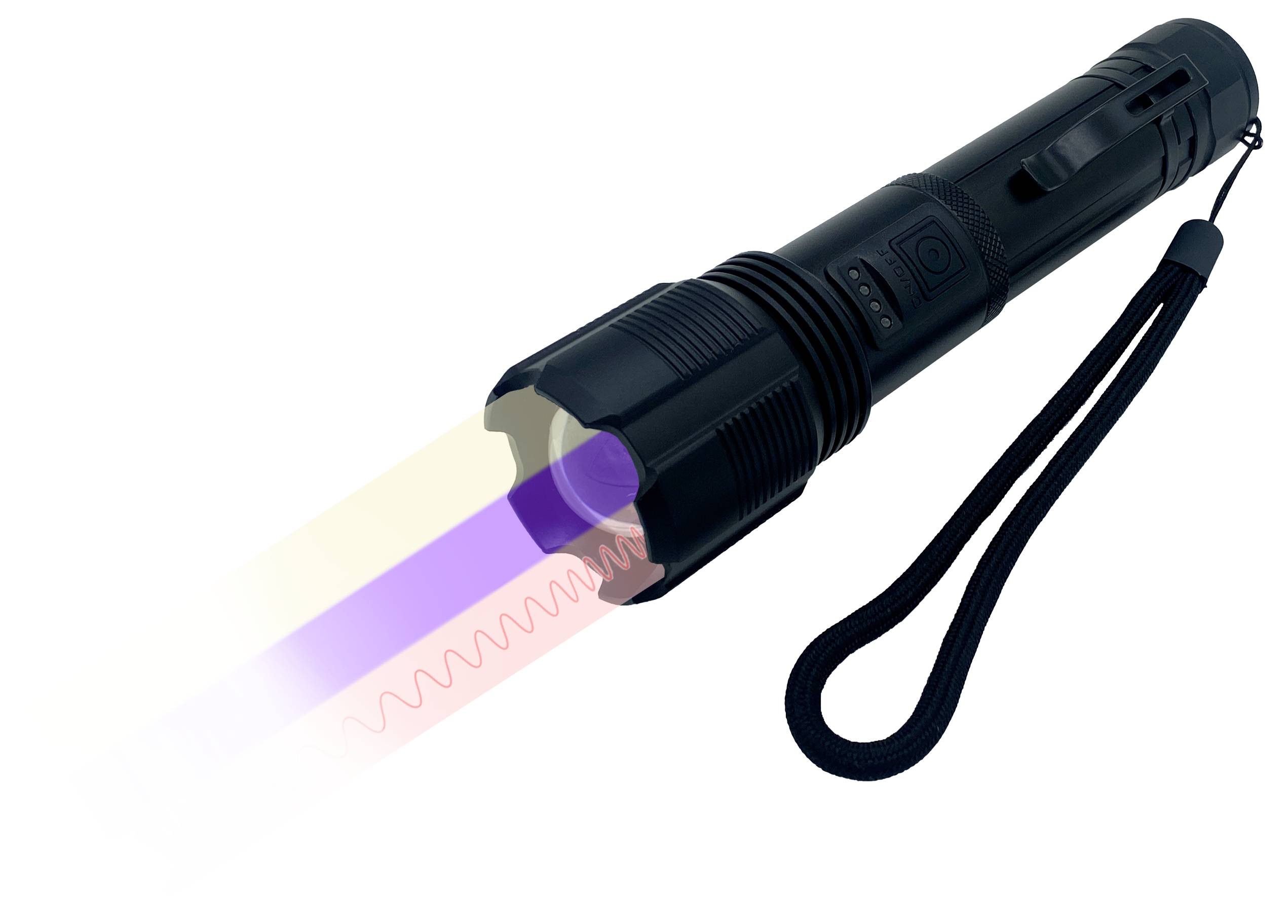 Schwarze LED-Taschenlampe mit leuchtendem farbigem Lichtstrahl. Sie besitzt eine Handschlaufe, um das Halten zu erleichtern.