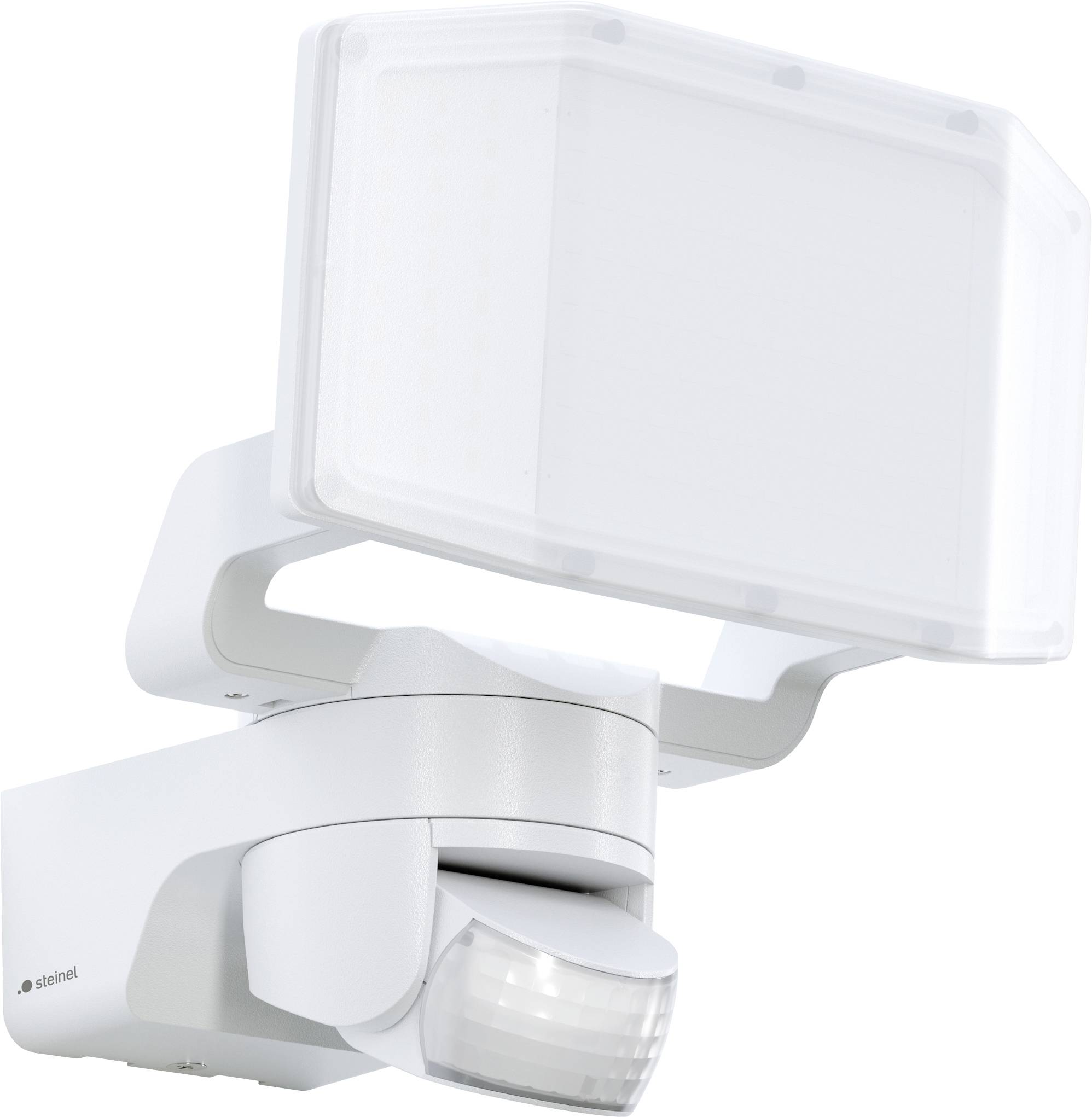 Eine weiße, bewegungsaktivierte LED-Sicherheitsleuchte mit einem großen rechteckigen Panel auf einer verstellbaren Halterung, geeignet für Außenbeleuchtung.