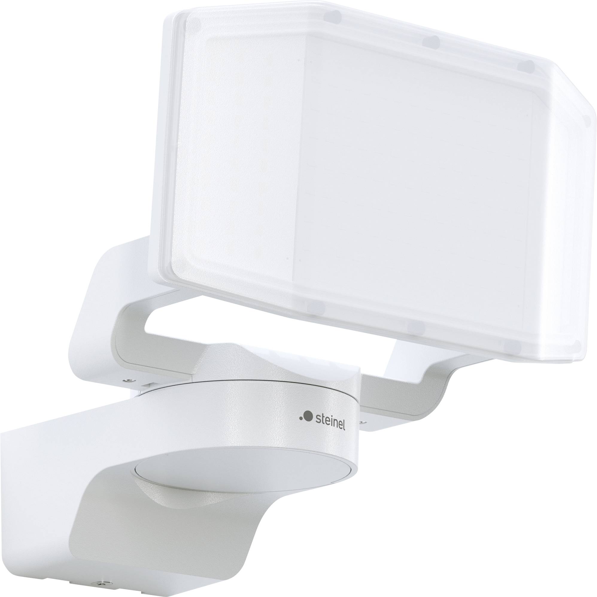 Eine weiße Außenleuchte von Steinel mit rechteckigem Lampenschirm und modernem Design, montiert an einer Halterung.