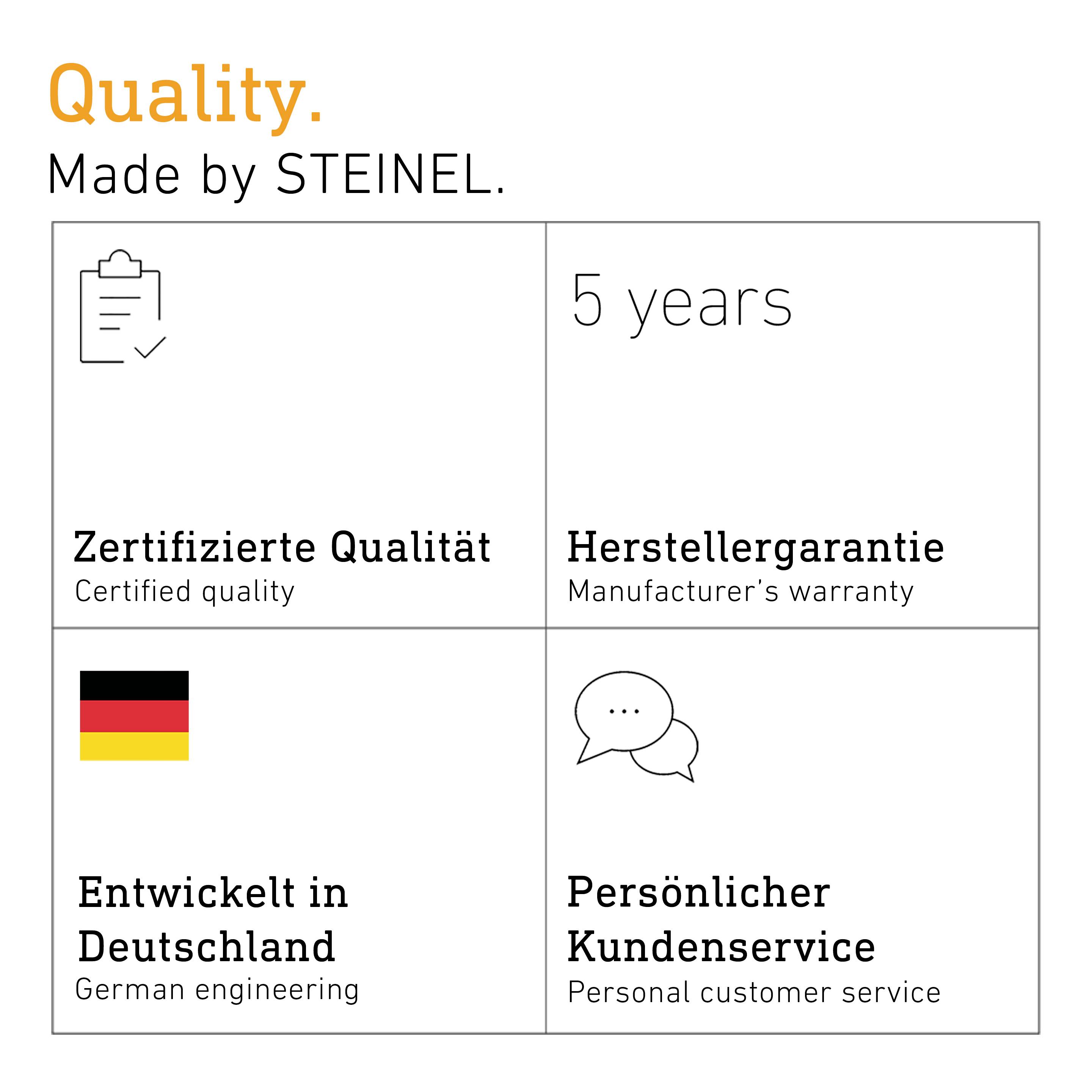 'Quality. Made by STEINEL.' Vier Felder: Zertifizierte Qualität, Herstellergarantie (5 Jahre), Entwickelt in Deutschland, Persönlicher Kundenservice.