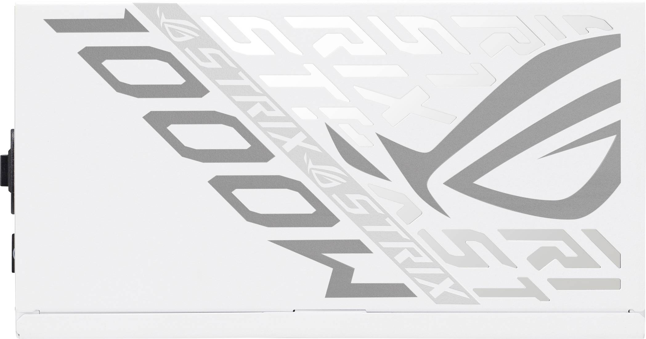 Weiße Grafikkarte mit 'ROG Strix' und '1000W' Schriftzug in Grau. Prominentes ROG-Logo auf der rechten Seite.