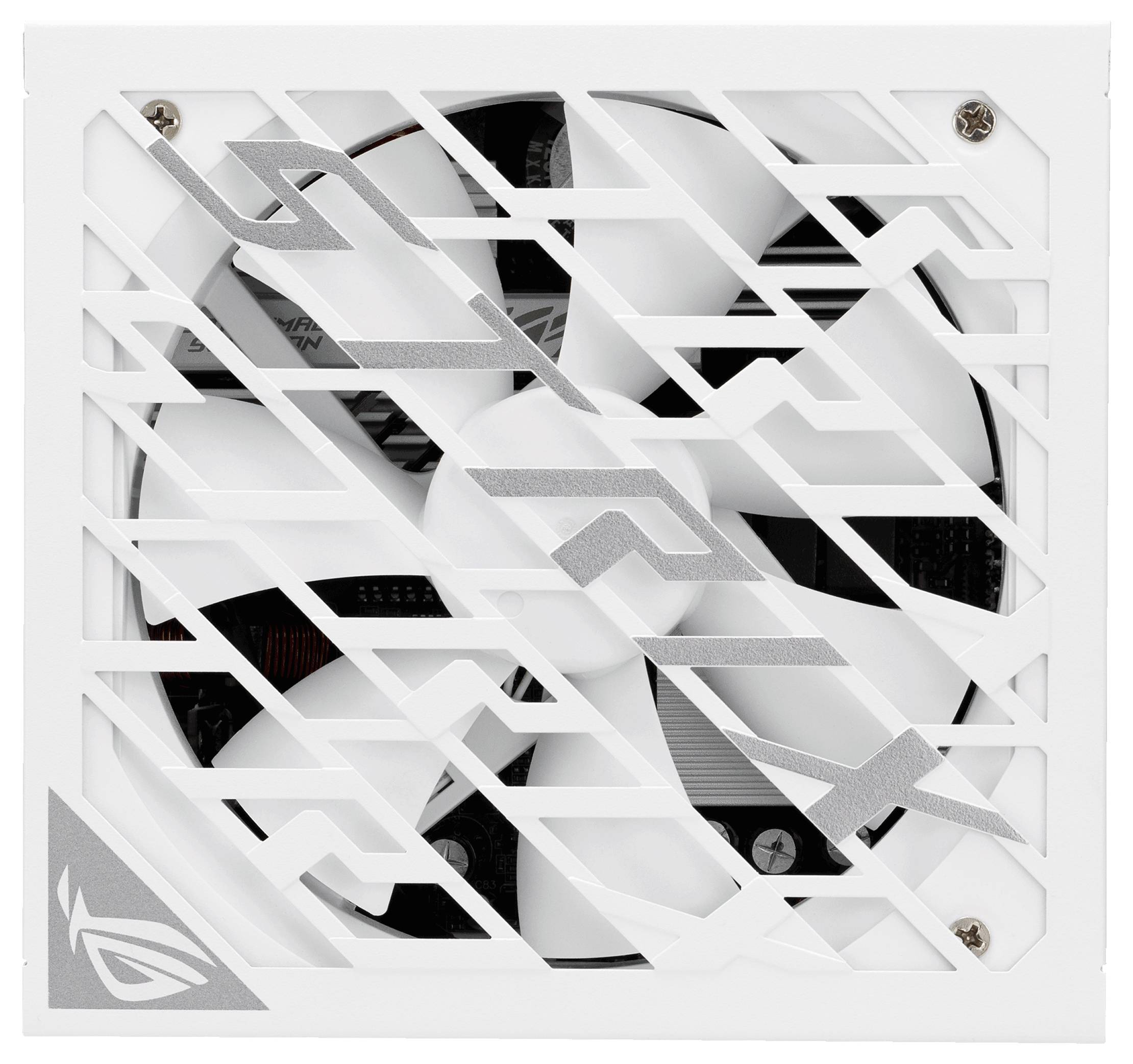 Weiße Netzteil-Einheit mit einem Lüfter hinter einem Gitter mit geometrischem Muster. Eignet sich für Computergehäuse-Kühlung.