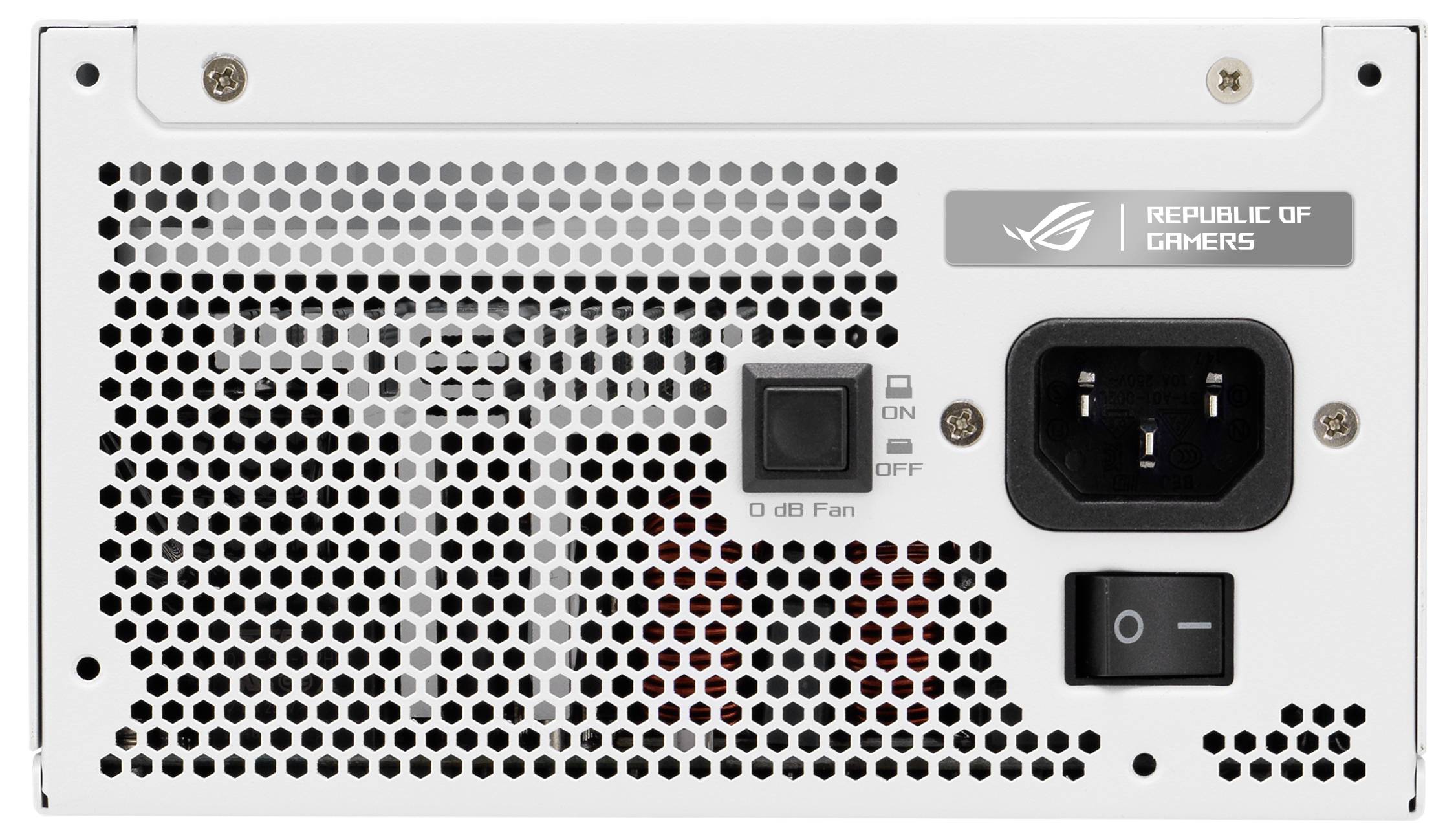 Eine Computer-Netzteilrückseite mit Lüftungsgitter, Schalter, Stromanschluss und Logo der Marke 'Republic of Gamers'.