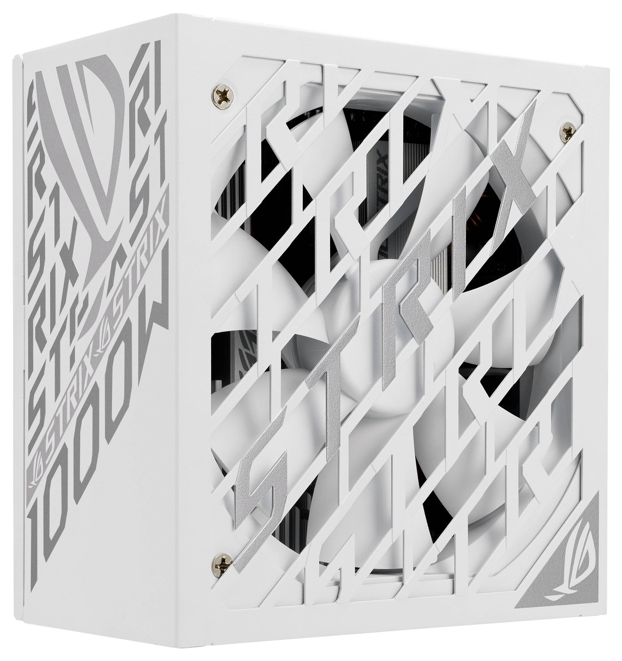 Weißes Computer-Netzteil mit markanten Grafiken und Lüfter. Markierungen 'STRIX ROG' sind auf dem Gehäuse sichtbar.