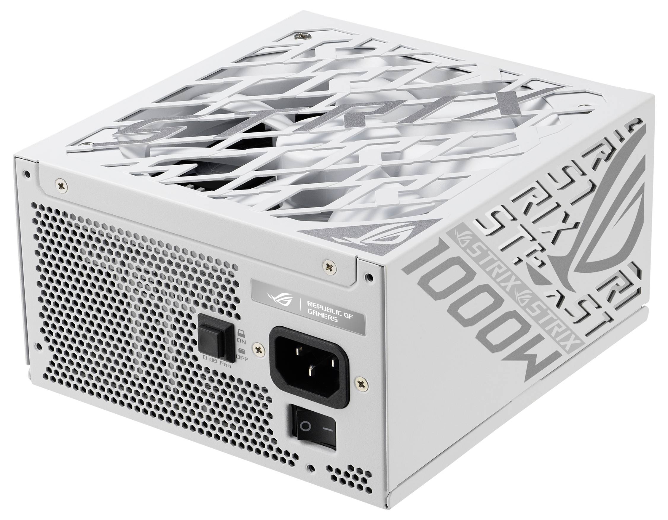 Ein weißes Computer-Netzteil mit dem Schriftzug 'ROG STRIX 1000W'. Es verfügt über Belüftungsgitter und Anschlüsse für Stromversorgung.