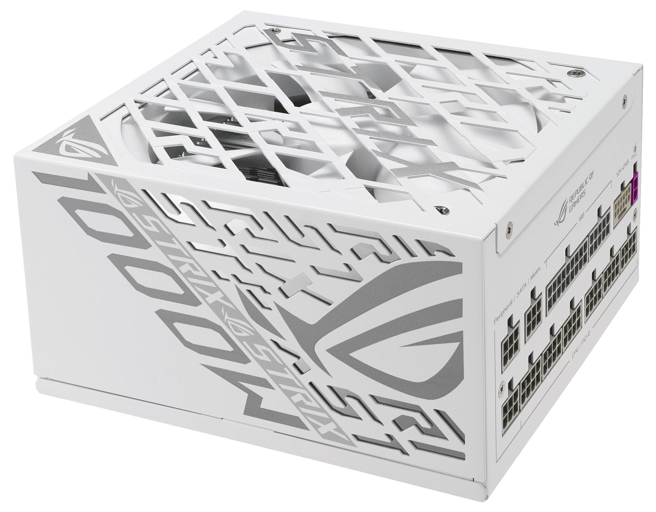 Ein weißes Computer-Netzteil mit dem Logo und dem Schriftzug 'ROG Strix'. Es hat diverse Anschlüsse und ein Gitter zur Belüftung.