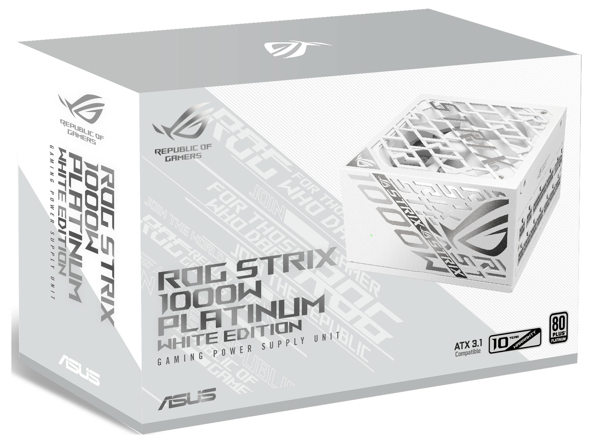 Weiße PC-Stromversorgung 'ROG Strix 1000W Platinum White Edition' von Asus, zeigt ein stilvolles Design für Gaming-PCs.