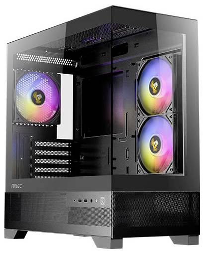Transparenter Computergehäuse-Tower mit RGB-beleuchteten Lüftern und Glasverkleidung, geeignet für Gaming oder leistungsstarke PCs.