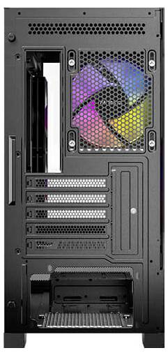 Ein schwarzes PC-Gehäuse von hinten, mit geöffnetem Seitenfach, zeigt bunte RGB-Lüfter und mehrere Steckplätze für Erweiterungskarten.