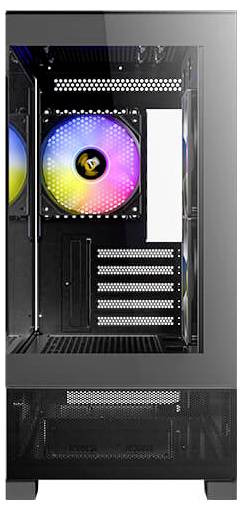 Schwarzes Computergehäuse mit transparentem Seitenfenster zeigt RGB-beleuchteten Lüfter im Inneren.