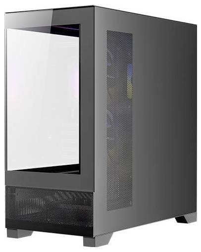 Schwarzes PC-Gehäuse mit Glas-Seitenwand und Lüftungsgitter rechts. Modernes Design, geeignet für Hochleistungs-PCs.