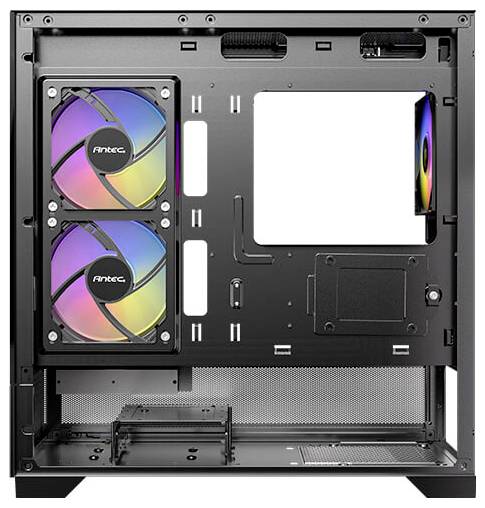 Computergehäuse mit zwei bunten Lüftern und offenem Seitenpanel. Innenraum bietet Platz für Hauptplatine, Festplatten und andere Komponenten.