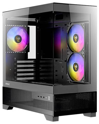 Ein Computergehäuse mit transparenten Seiten zeigt drei Lüfter mit bunten LED-Lichtern in verschiedenen Farben.