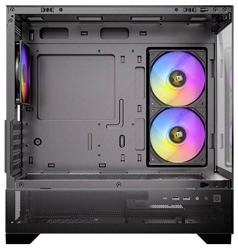 Leeres Computergehäuse mit zwei installierten, leuchtenden RGB-Lüftern an der Vorderseite. Innenraum zeigt Kabelmanagement-Optionen.