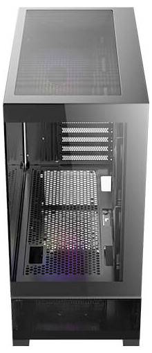 Schwarzes Computergehäuse mit Seitenfenster, leeres Inneres, bereit für den Einbau von Komponenten, Sicht auf Lüftergitter und Slots.