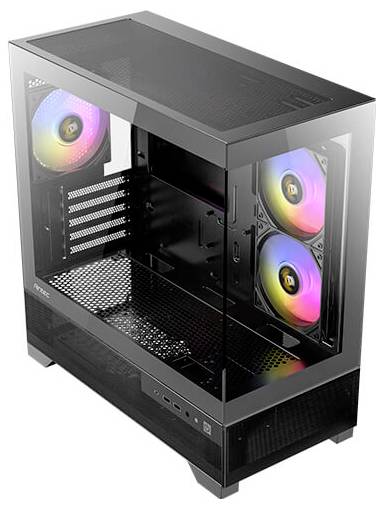Ein PC-Gehäuse mit Glaswänden und RGB-beleuchteten Lüftern, geeignet für Gaming-PCs. Die Lüfter leuchten in verschiedenen Farben.