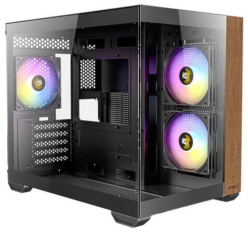 Ein Computergehäuse mit transparenten Seiten, das zwei größere Lüfter mit RGB-Beleuchtung zeigt. Ideal für PC-Enthusiasten.