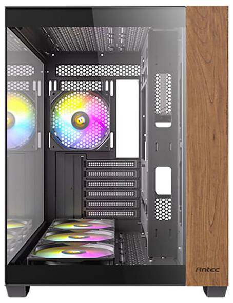 Computergehäuse mit transparentem Seitenteil und Holzakzent. Innen sind RGB-beleuchtete Lüfter sichtbar. Geeignet zum Selberbauen.