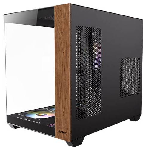 Ein moderner, schwarzer Computergehäuse mit Glasfront und Holzakzent auf der Vorderseite, zeigt interne RGB-Beleuchtung.