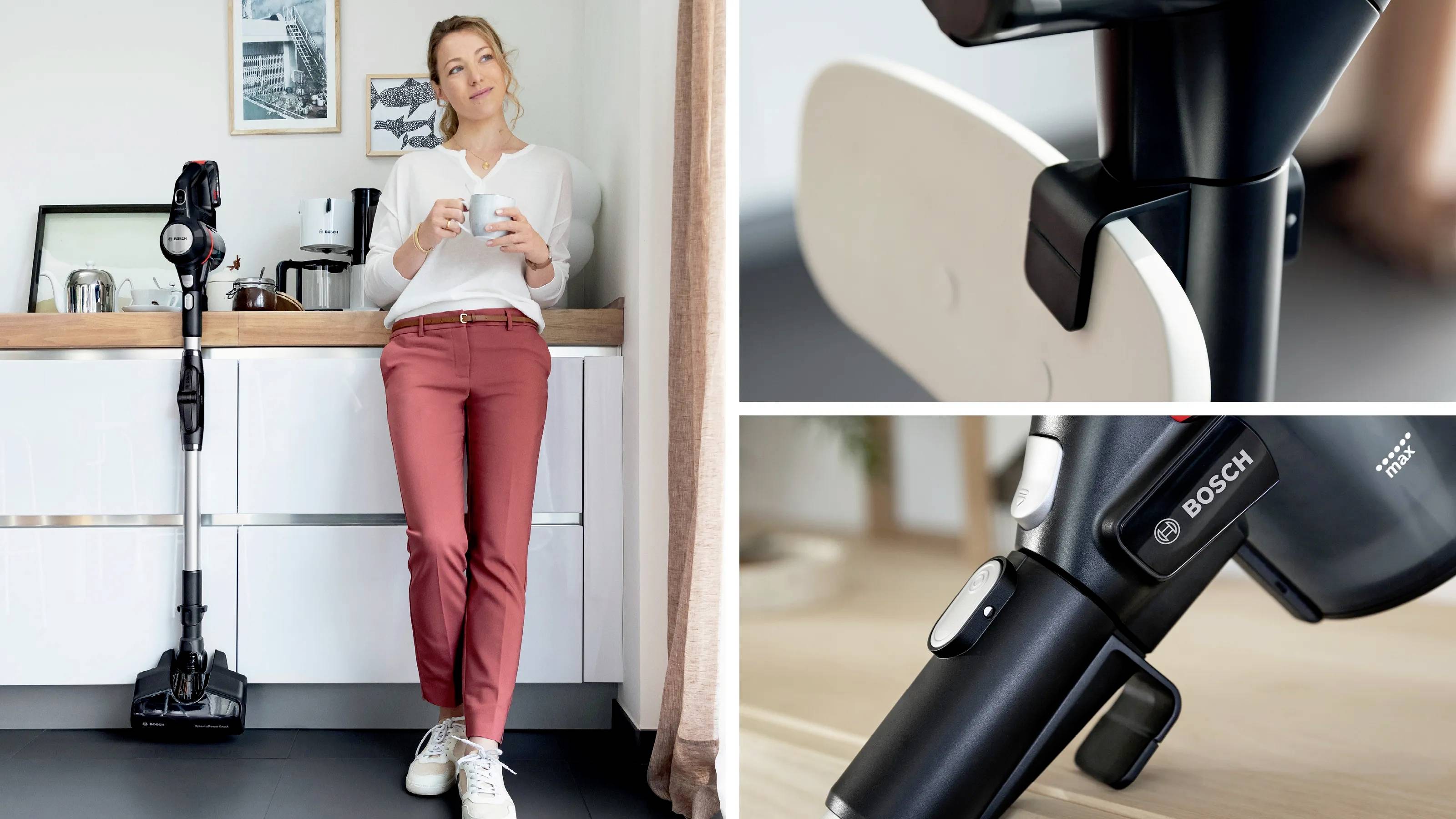 Eine Frau lehnt in der Küche an einem Staubsauger, hält eine Kaffeetasse. Detailaufnahmen des Staubsaugers zeigen Funktionen und Marke.