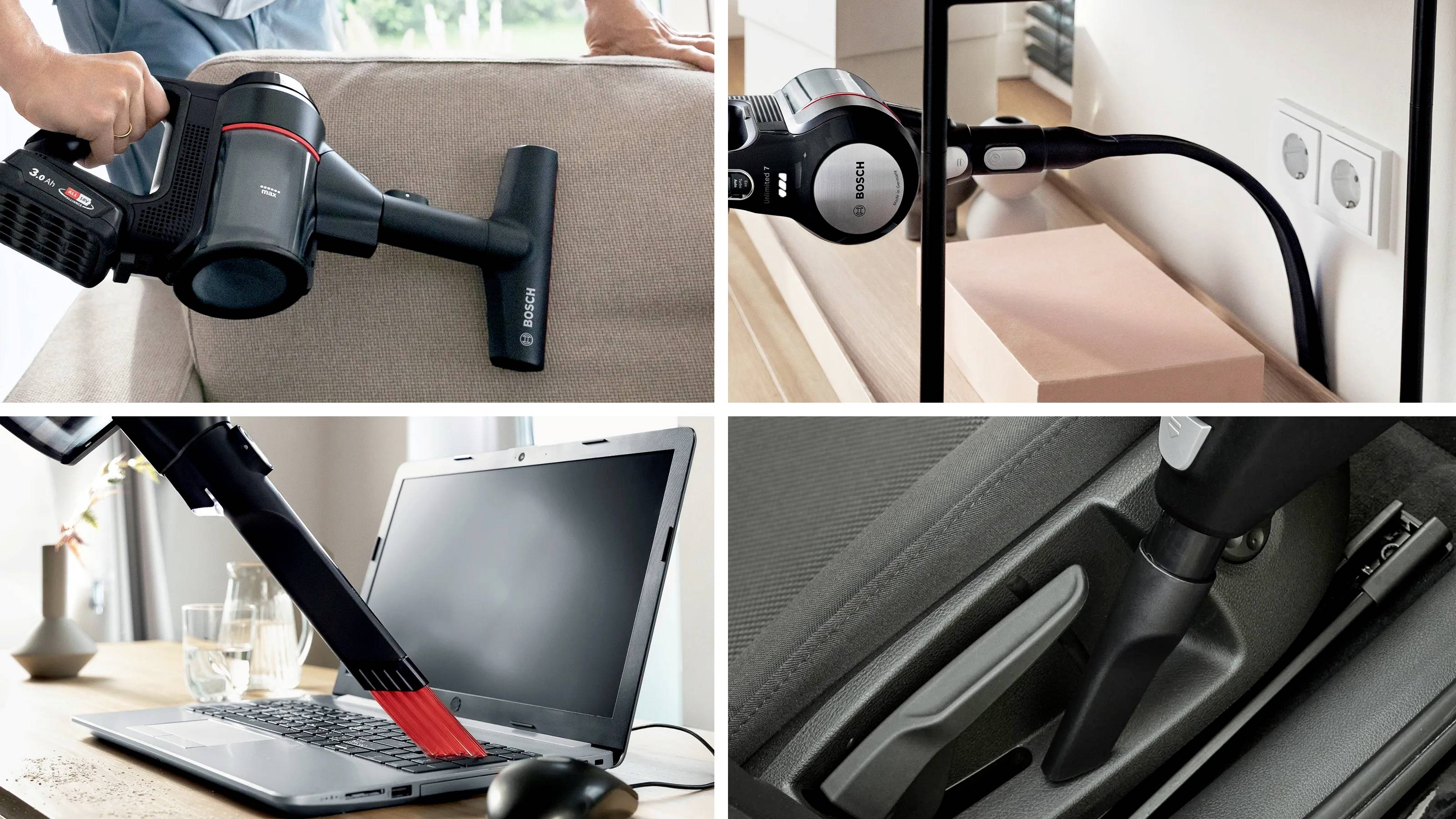 Vier Bilder zeigen einen kabellosen Staubsauger in Gebrauch: auf einem Sofa, Staub an einer Leiste, Tastaturreinigung, Autoinnenräume.
