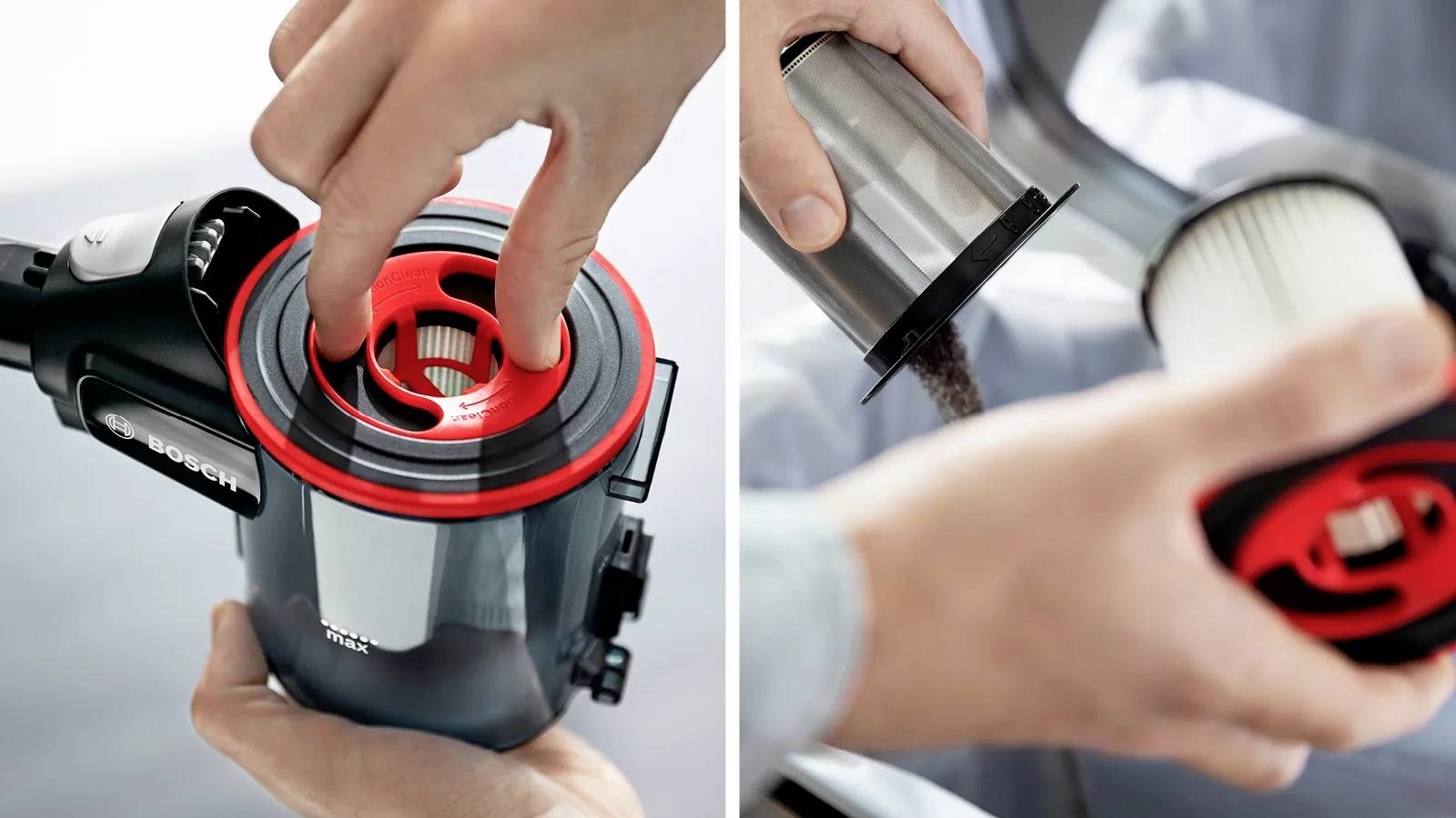 Zwei Bilder eines Staubsaugerfilters: Links zeigt eine Hand das Einsetzen des Filters, rechts zeigt eine Hand das Entleeren des Filters.