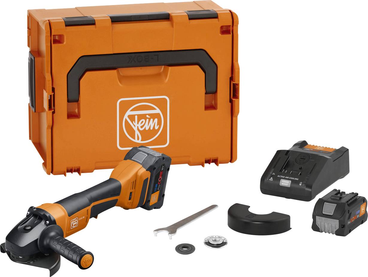 Ein oranger Akkuwinkelschleifer mit Zubehör und Ladegerät vor einem passenden Werkzeugkoffer. Ideal für mobile Schleifarbeiten.