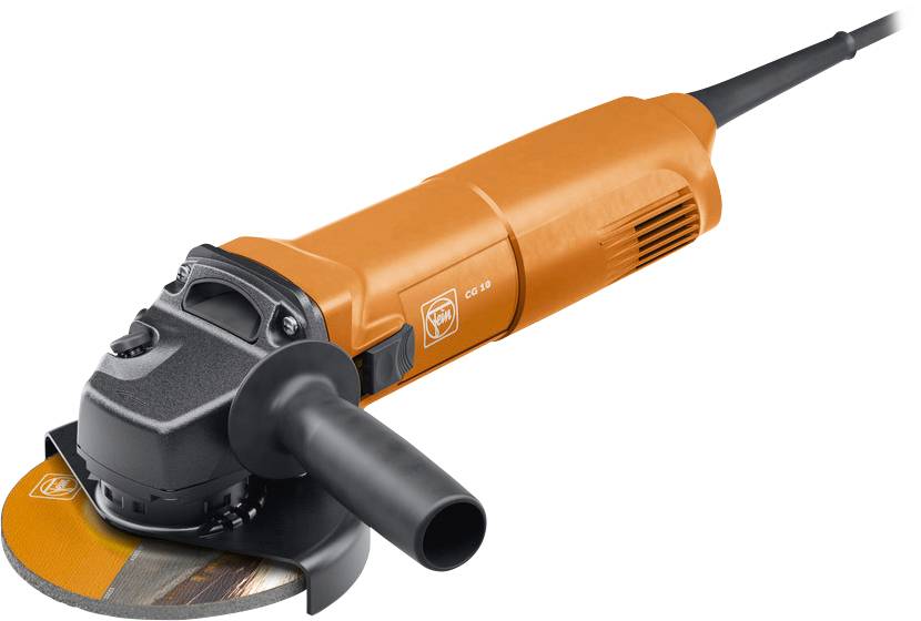 Winkelschleifer aus orangefarbenem Kunststoff, Draufsicht, mit schwarzem Griff und Schleifscheibe.