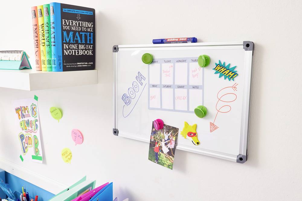 Ein Whiteboard an der Wand mit Wochenplan, umgeben von bunten Haftnotizen und Karten. Rechts hängen Bilder und Dekorationen.