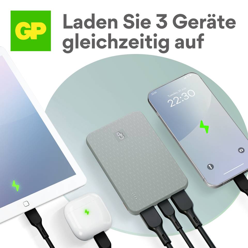 Ein Ladegerät lädt gleichzeitig ein Tablet, ein Smartphone und einen kabellosen Kopfhörer auf. Text: 'Laden Sie 3 Geräte gleichzeitig auf'.