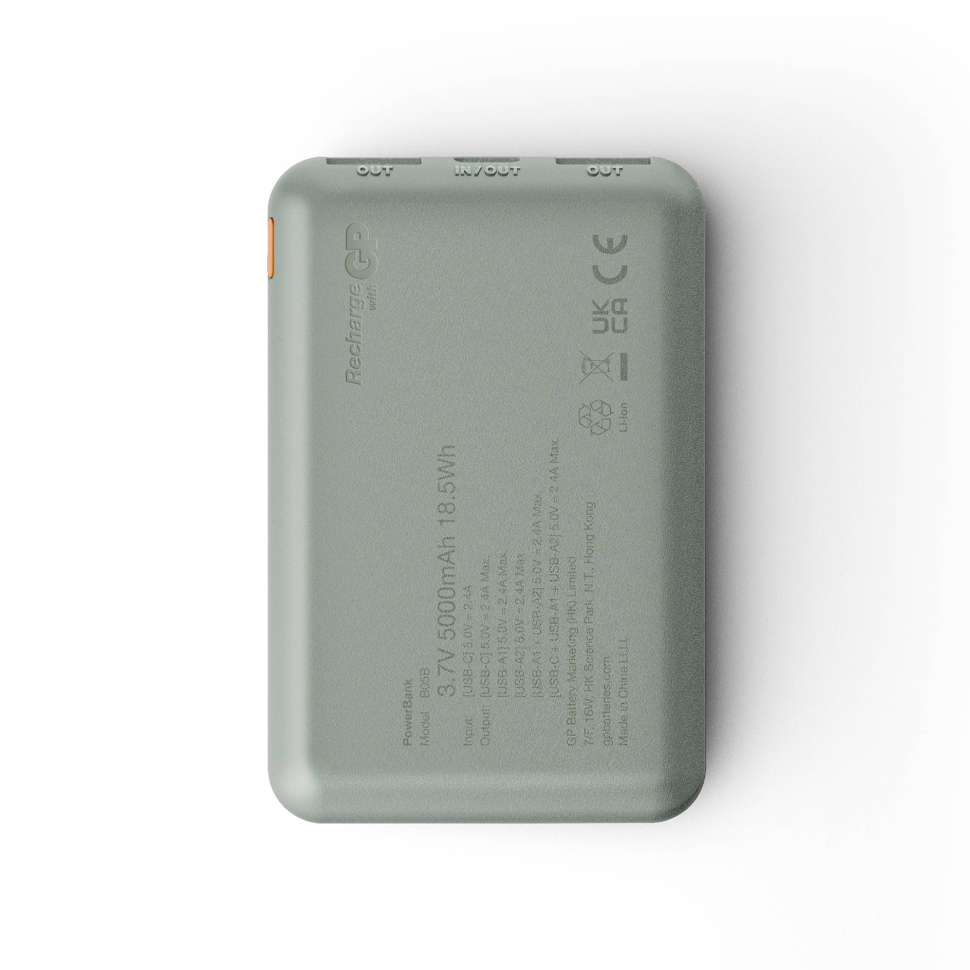 Akku mit 5000 mAh Kapazität, zeigt Sicherheits- und Herstellerinformationen. Enthält CE- und UKCA-Zertifizierungszeichen.