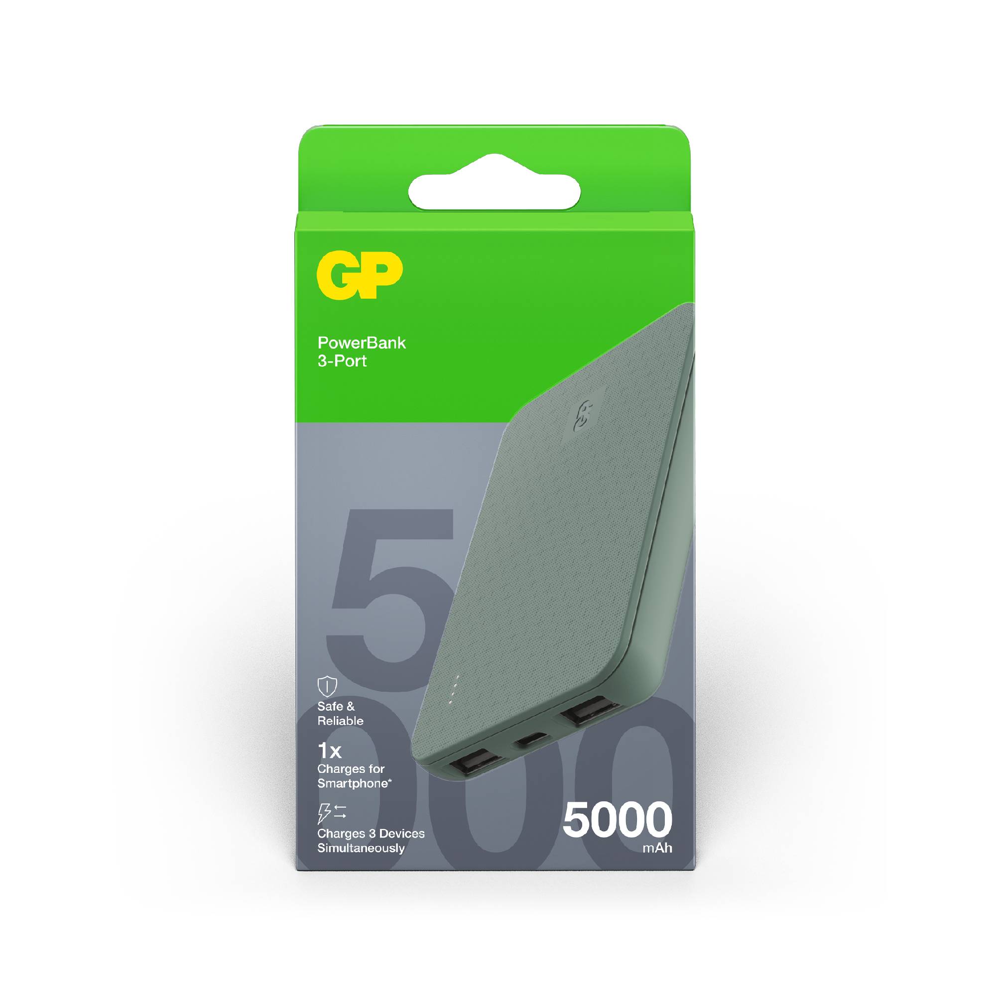 Eine grüne Powerbank-Verpackung mit der Aufschrift 'GP PowerBank 3-Port 5000 mAh'. Zeigt Bild des Produkts, geeignet für Smartphones.