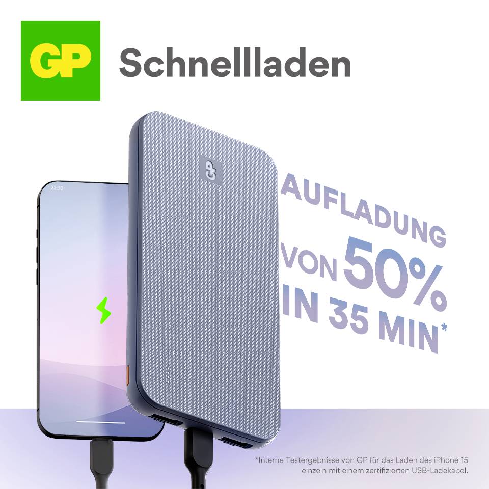 'GP Schnellladen' zeigt ein Smartphone mit einem Ladegerät. Der Text 'Aufladung von 50% in 35 Min*', betont die schnelle Ladezeit.