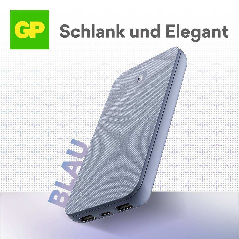 Externe Festplatte in Blau mit der Aufschrift 'Schlank und Elegant'. Markenlogo in Grün oben links.