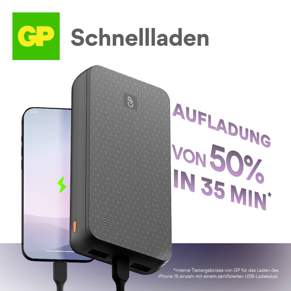 Smartphone mit Schnellladegerät, das 'Aufladung von 50% in 35 Min' verspricht. GP-Logo oben links.
