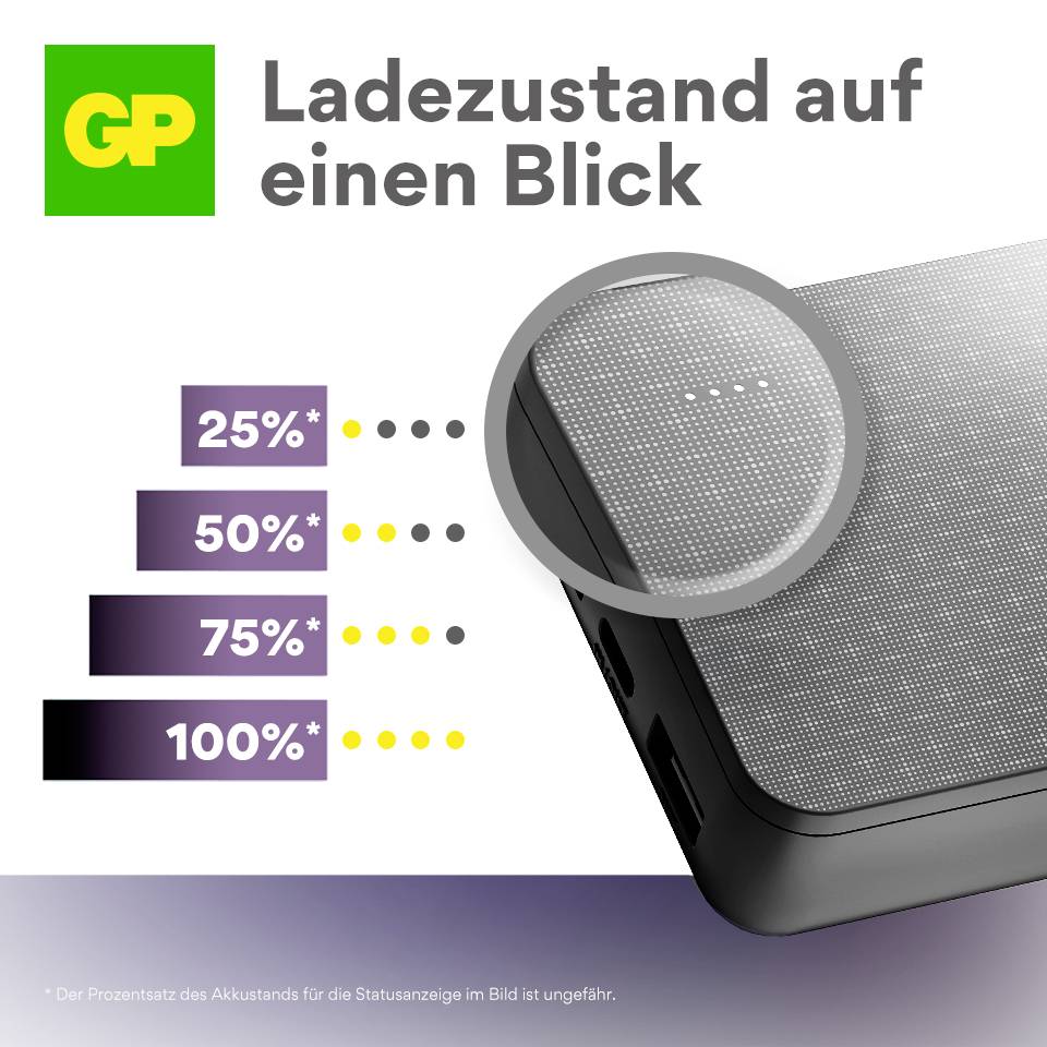 'Akkuzustand auf einen Blick' zeigt einen Ladebalken mit vier Stufen: 25%, 50%, 75%, 100%. Ladeanzeige auf Gerät vergrößert dargestellt.