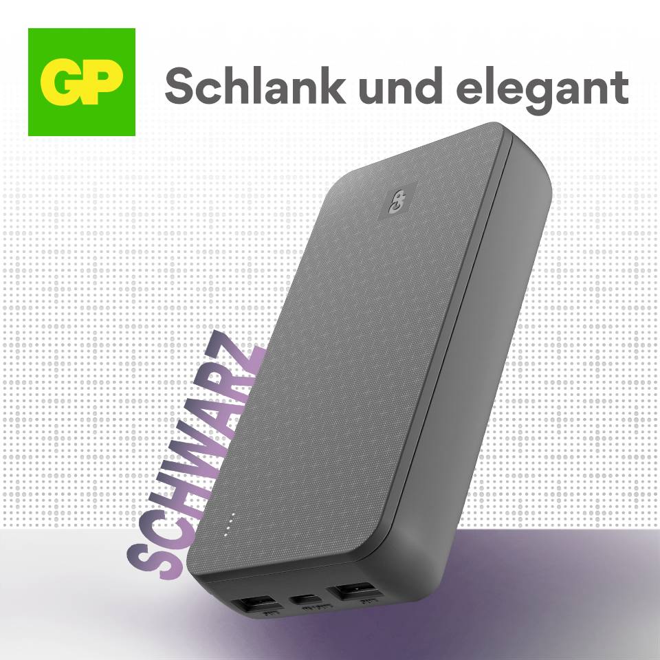 Schwarze Powerbank, schlankes Design, mit drei USB-Anschlüssen unten. Oben Logo 'GP', daneben Text 'Schlank und elegant'.