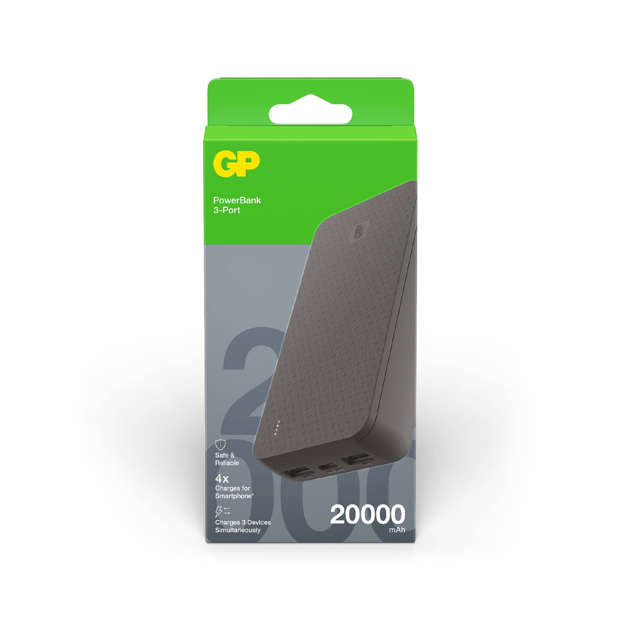 Eine grüne Verpackung mit schwarzem Powerbank-Bild. Aufschrift: 'GP PowerBank 3-Port, 20000 mAh, Ladet 3 Geräte gleichzeitig.'