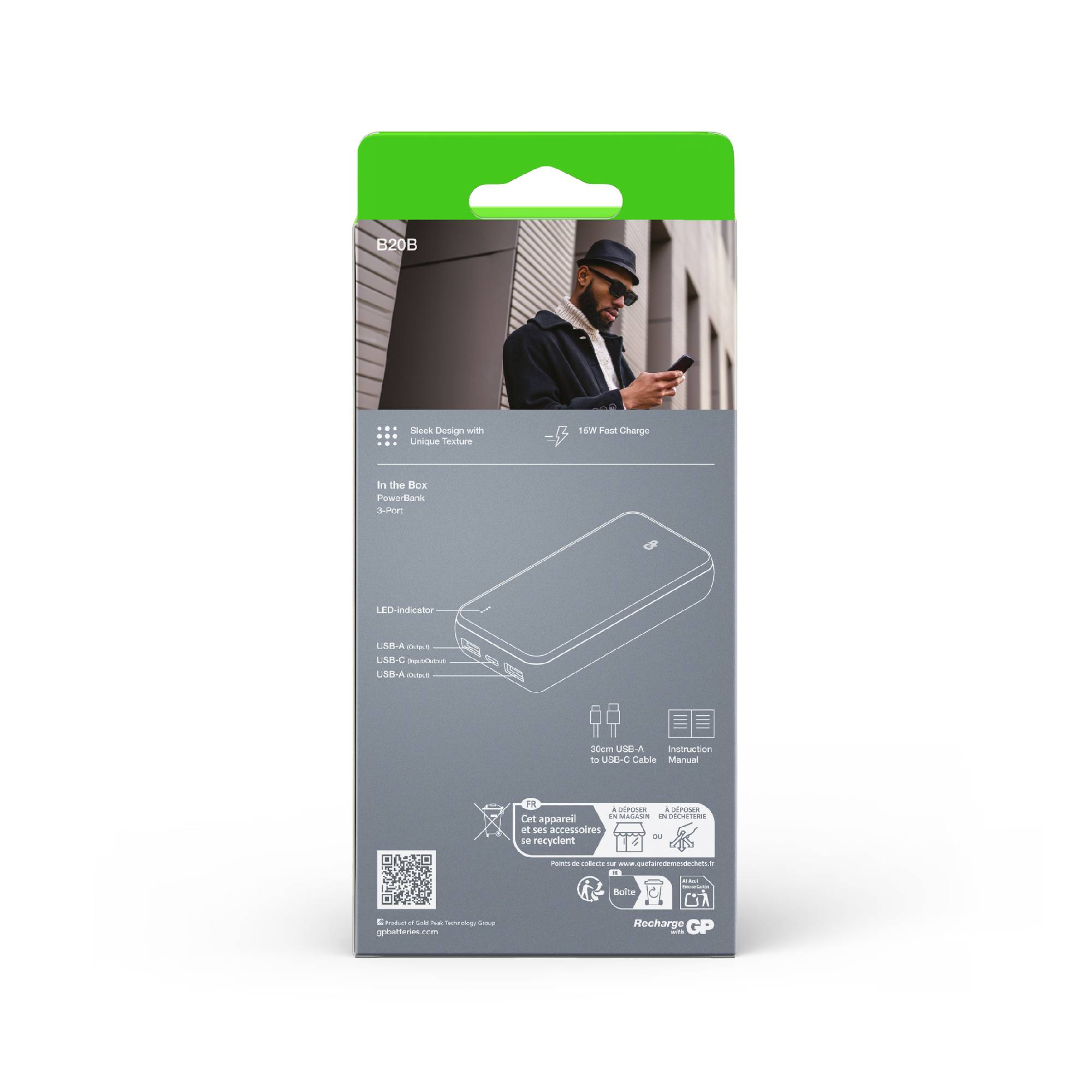 Verpackung einer Powerbank mit einem Foto eines Mannes. Text: 'LED-Anzeige, USB-C, USB-A'. Bild einer Powerbank und Symbole darunter.
