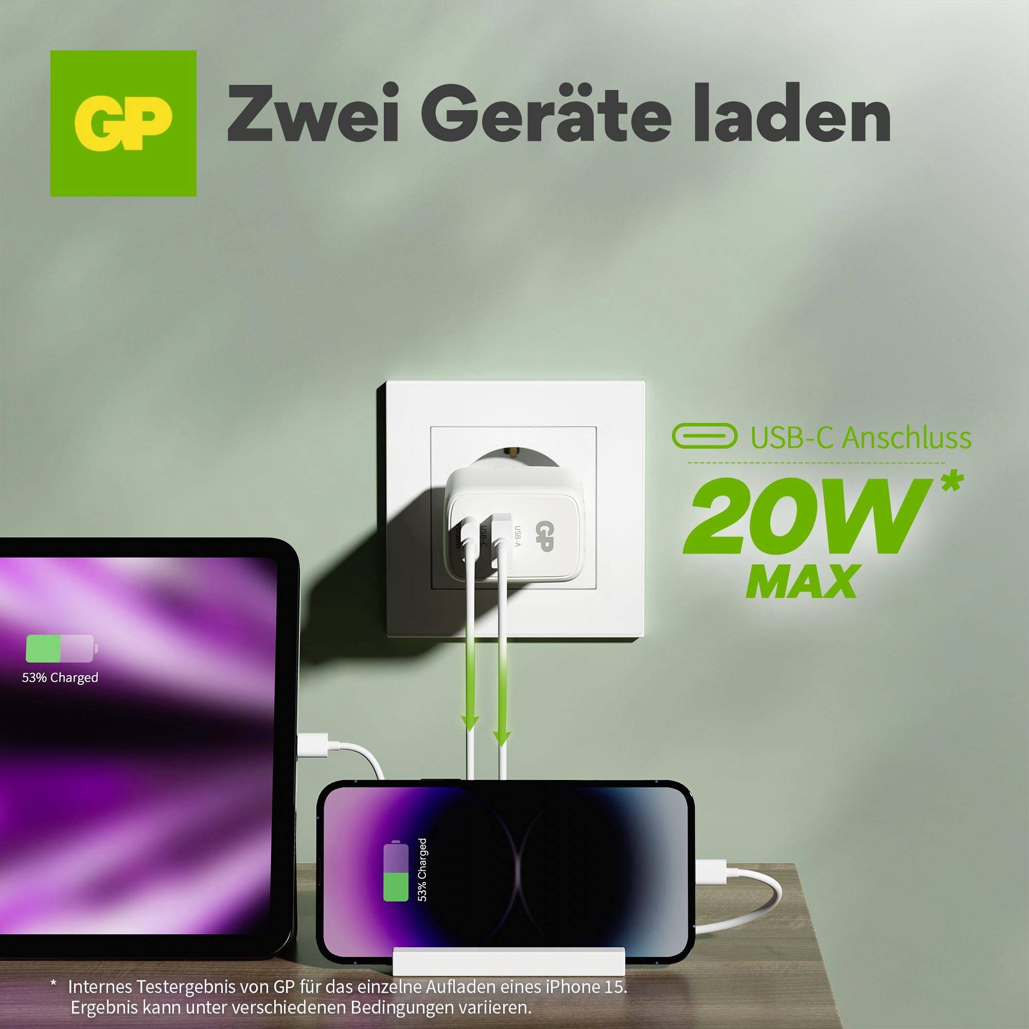 GP WM2B USB Ladegerät 20 W 1x USB-A, 1x USB-C® Weiß Innenbereich