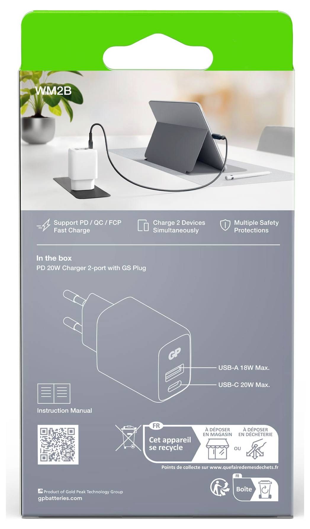 GP WM2B USB Ladegerät 20 W 1x USB-A, 1x USB-C® Weiß Innenbereich