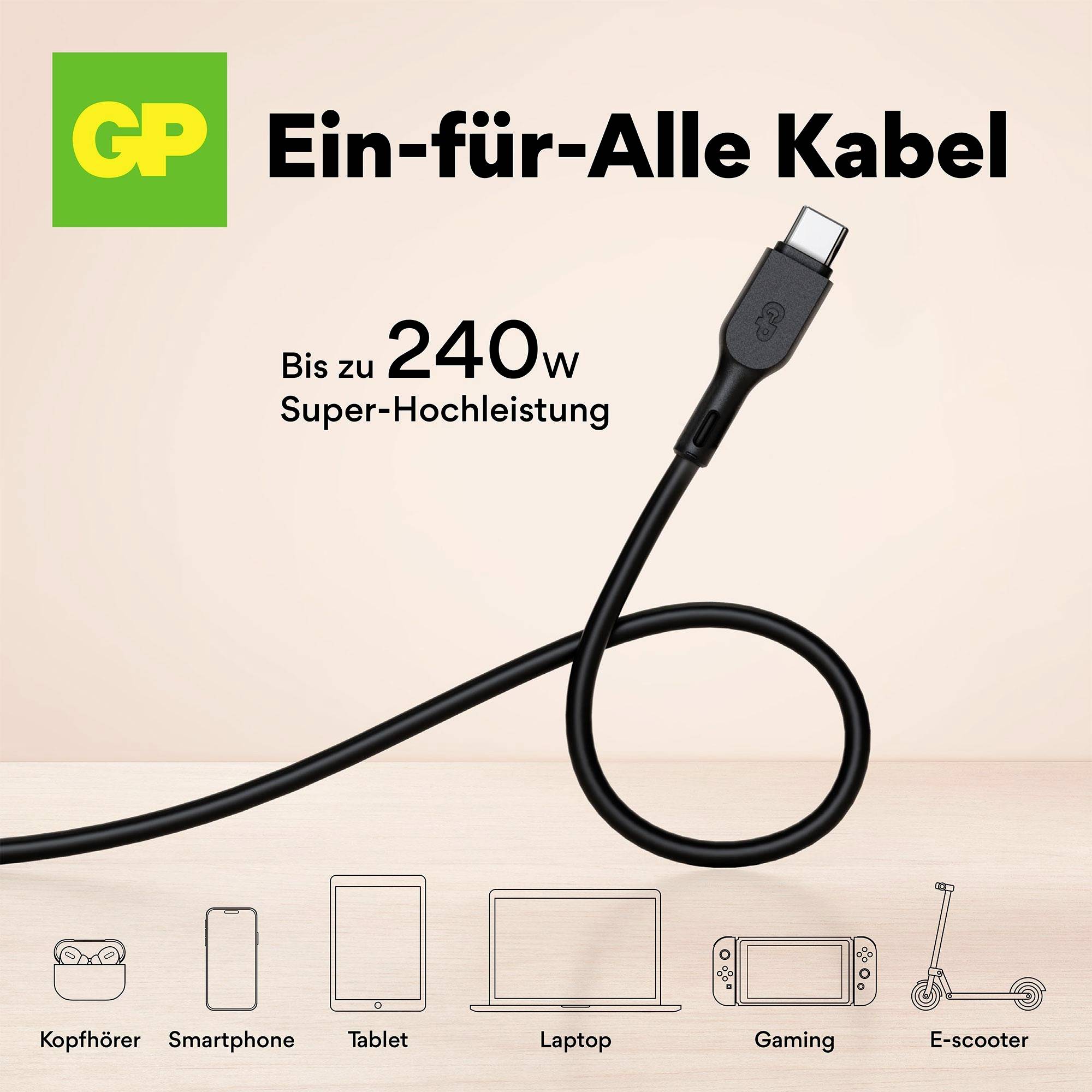 'Ein-für-Alle Kabel' mit bis zu 240W Leistung, kompatibel mit Kopfhörer, Smartphone, Tablet, Laptop, Gaming, E-Scooter.