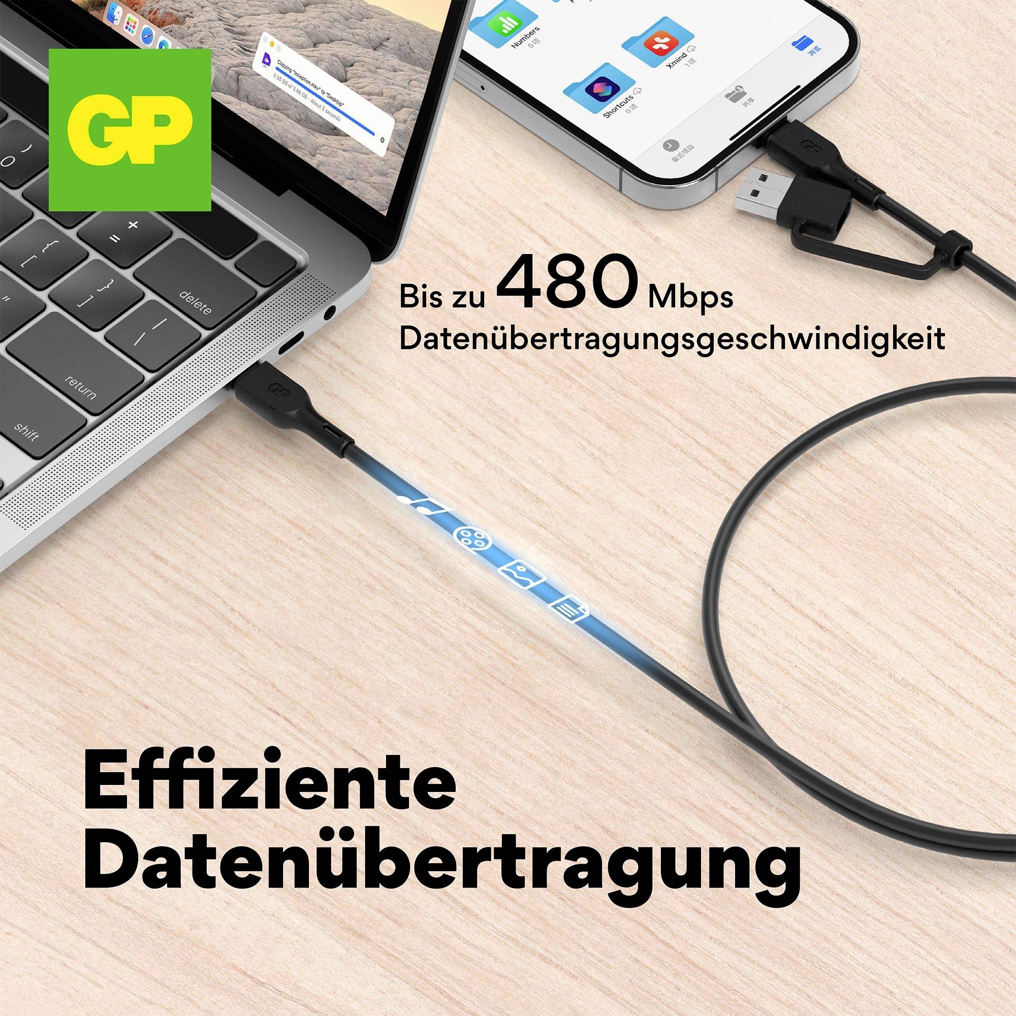 Nahaufnahme eines Laptops mit USB-Kabel verbunden. Text: Effiziente Datenübertragung, bis zu 480 Mbps Geschwindigkeit.